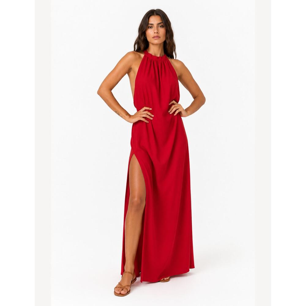 AFRODITA Ceres Halter Maxi Dress – Red Open Back Slit Dress One Size